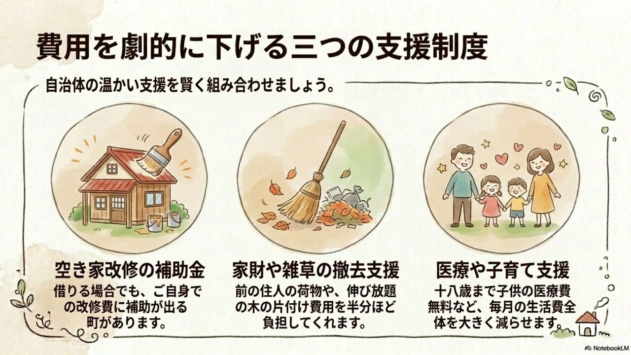 空き家改修の補助金、家財・雑草の撤去支援、医療・子育て支援の3つの制度をまとめたイラスト