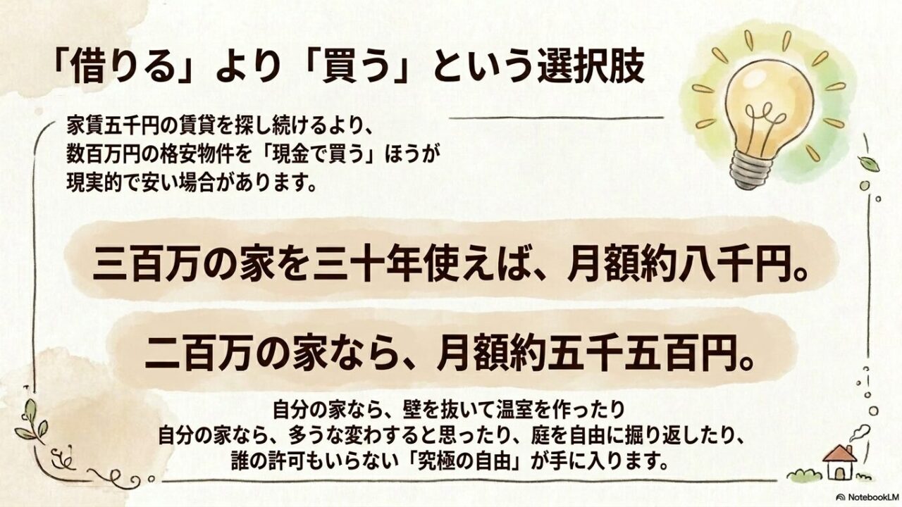 300万円の格安物件を現金で購入した場合の月額換算と、DIYや庭造りなど誰の許可もいらない自由度を解説した図
