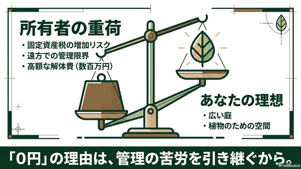 固定資産税や解体費などの所有者の負担と、広い庭を求める利用者の理想を比較した図解