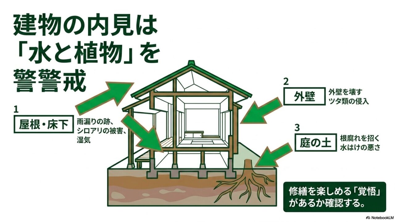 屋根・床下の雨漏り、シロアリ被害、外壁のツタ侵入、庭の水はけを確認する内見ポイントの図解