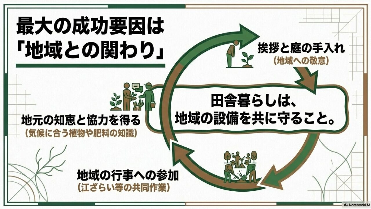 地元の知恵を得るための挨拶や庭の手入れ、江ざらいなどの共同作業への参加の重要性