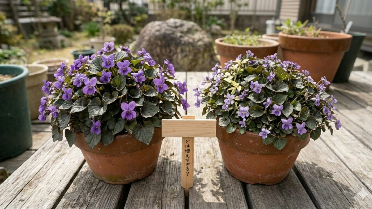 特徴が異なる2種類のビオラ・ラブラドリカが、日当たりの良いベンチに並んでいる比較写真。