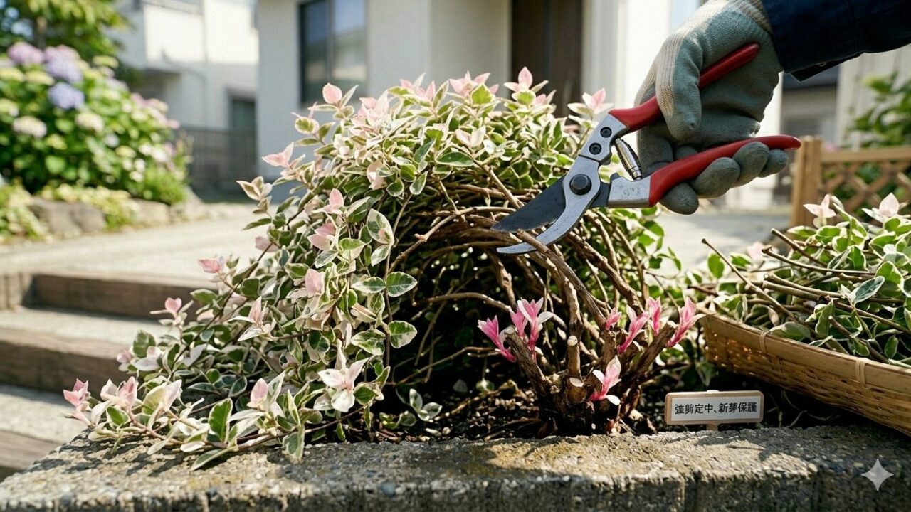 新しい鮮やかな芽を出すために、剪定バサミを使ってハツユキカズラの古い枝を大胆に切り戻している様子。
