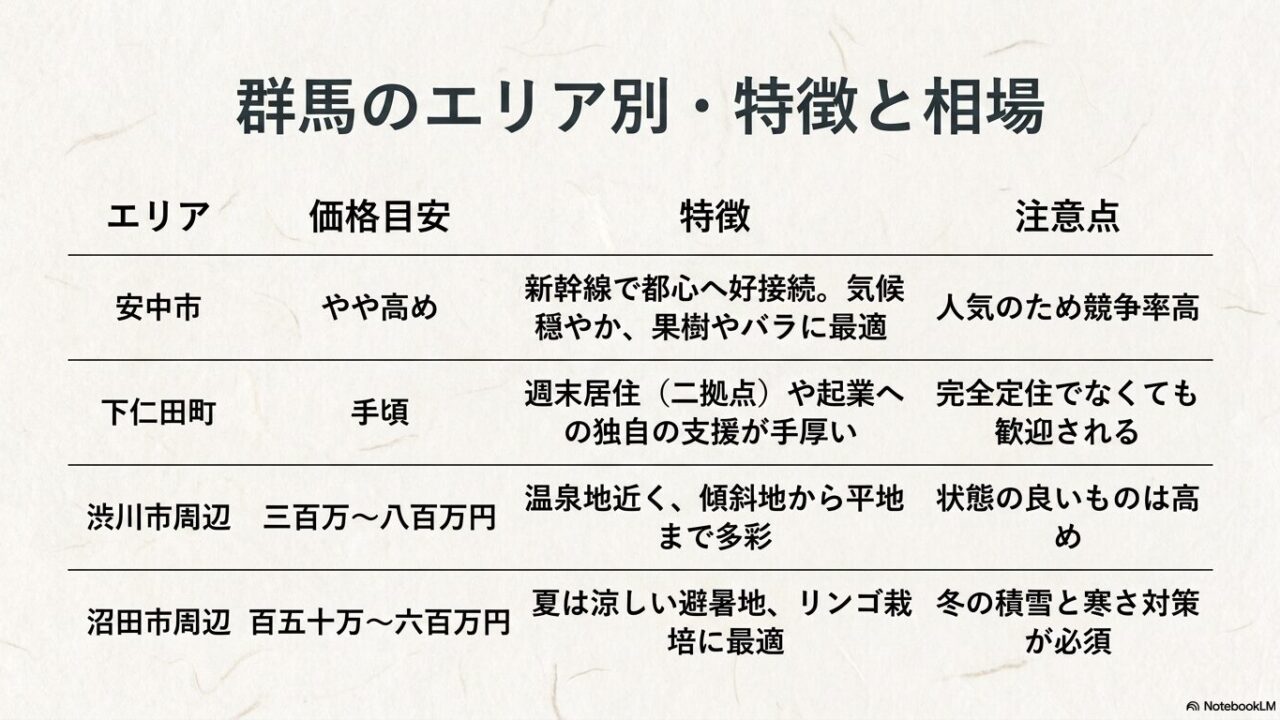 安中市、下仁田町、渋川市周辺、沼田市周辺のそれぞれの価格目安と特徴、注意点をまとめた群馬のエリア別比較表のスライド画像