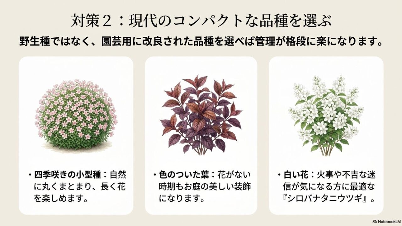 丸くコンパクトにまとまる小型種やカラーリーフ、シロバナタニウツギなど様々な園芸品種のイラスト