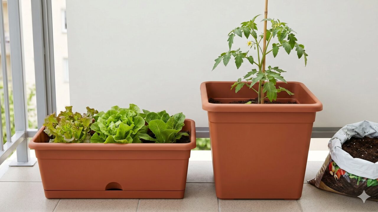 ベランダの床に並べられた、異なる高さのプランター。左側の浅い鉢にはリーフレタスが、右側の深い鉢にはミニトマトの苗が支柱に支えられて植えられており、育てる野菜によって必要な鉢の深さが異なることを視覚的に比較している。
