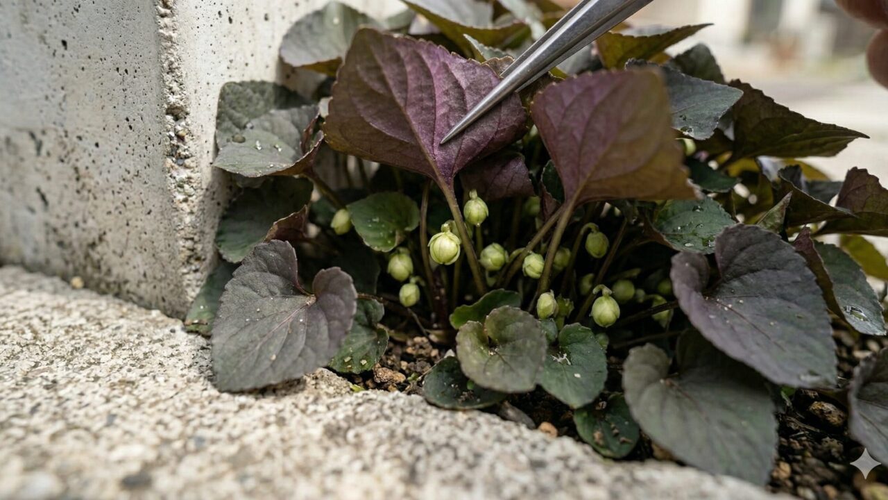 ビオラ・ラブラドリカの紫色の葉の下に隠れている、花びらのない小さな閉鎖花のアップ。