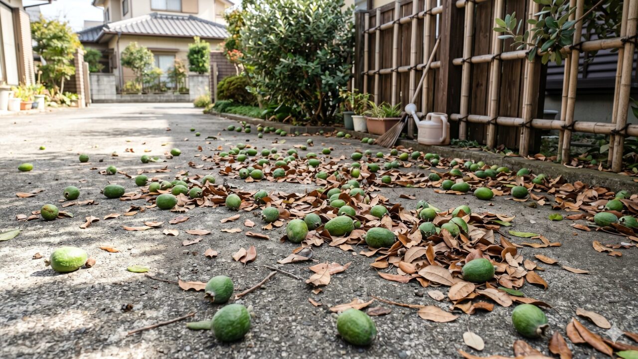 コンクリートの地面にいくつも転がって落ちている、収穫時期を迎えたフェイジョアの緑色の果実。