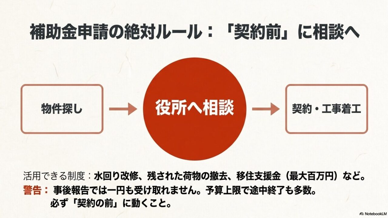 空き家改修や移住支援金などの補助金は、物件探し後、必ず契約・着工の前に役所へ相談することが絶対ルールであることを示すフローチャートスライド画像