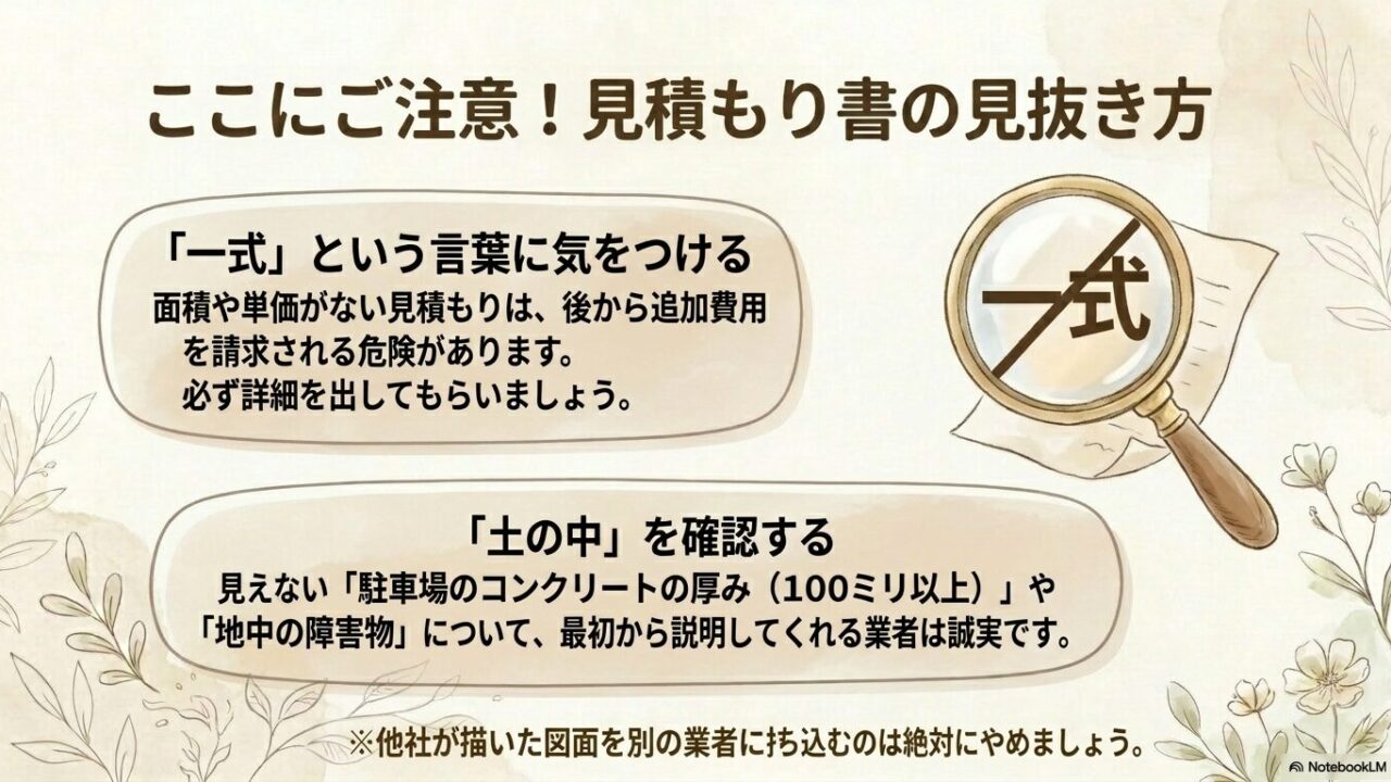 「一式」という言葉の罠や、土の中の障害物など、見積もり書を見抜くための注意点をまとめたスライド