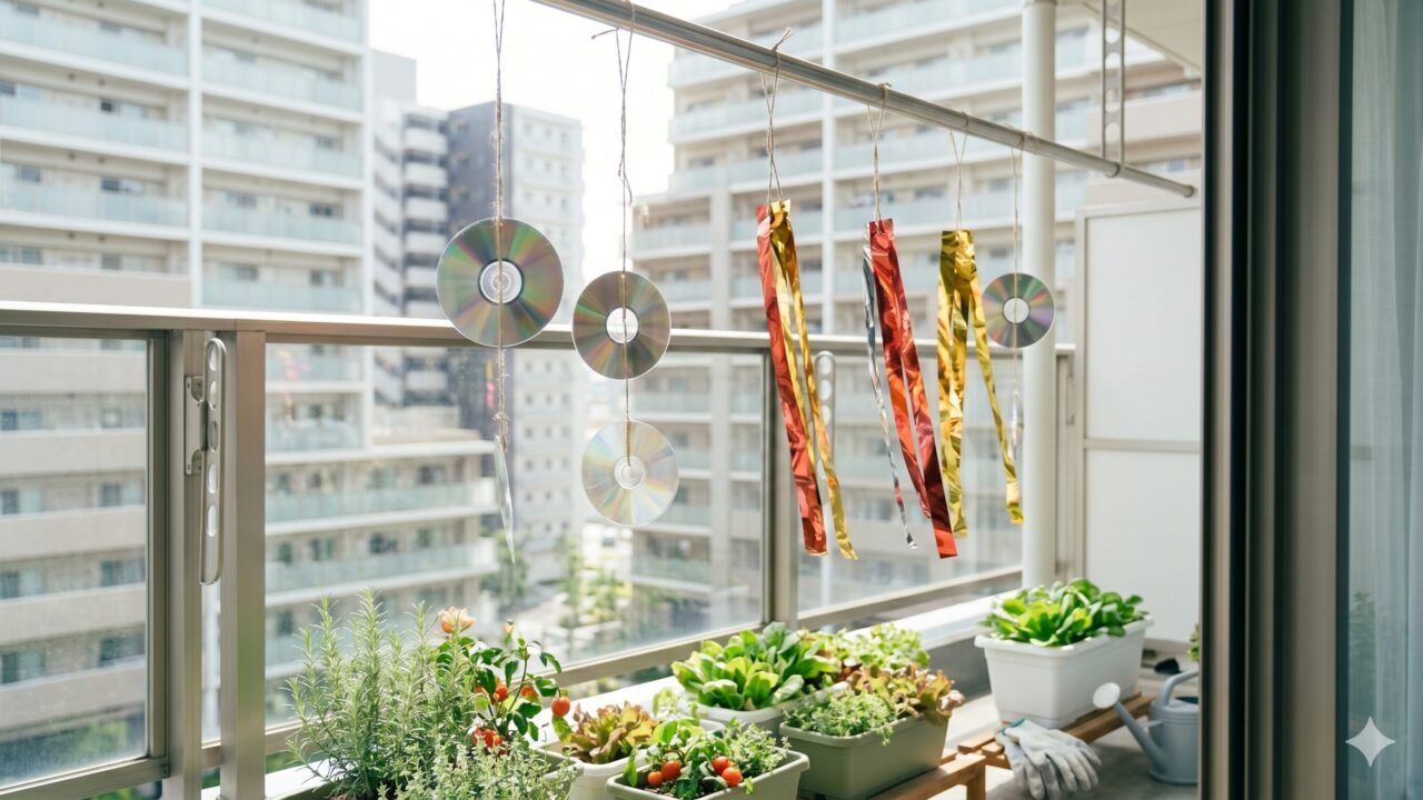 マンションのベランダで古いCDや防鳥テープを吊るす「視覚的威嚇（ディテラント）」。不規則な光の点滅と乱反射を利用して鳥の着陸を心理的に躊躇させる初期段階の対策。