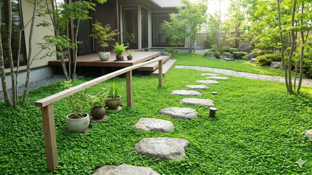 踏みつけによるダメージを防ぐために配置された、自然石の踏み石とそれを囲むディコンドラの小道。