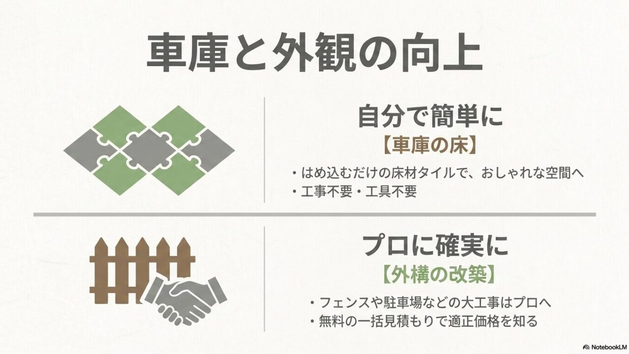 はめ込むだけの床材タイルを使った車庫の床のDIYと、プロに任せる外構の改築や無料一括見積もりについて