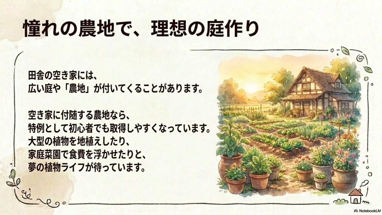 農地付き空き家で大型植物の地植えや家庭菜園を楽しむ理想の庭作りのイラスト