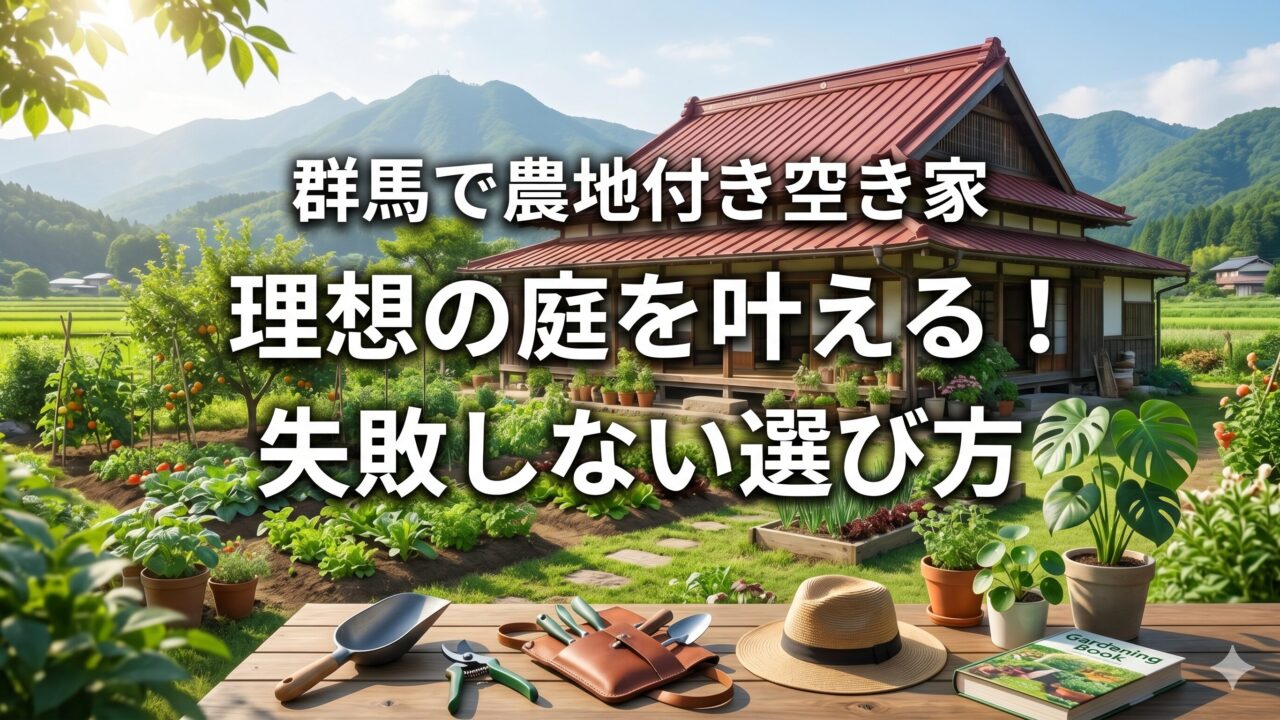 群馬の農地付き空き家で理想の庭！失敗しない選び方」の記事に向けたサムネイル画像を作成しました。自然豊かな群馬の山並みを背景に、美しく植物に囲まれたリノベーション済みの伝統的な農家と、その前に広がる手入れの行き届いた畑を表現しています。手前には造園技能士の道具や観葉植物を配置し、文字も読みやすく配置しました。記事の魅力が伝わる画像に仕上がっています。