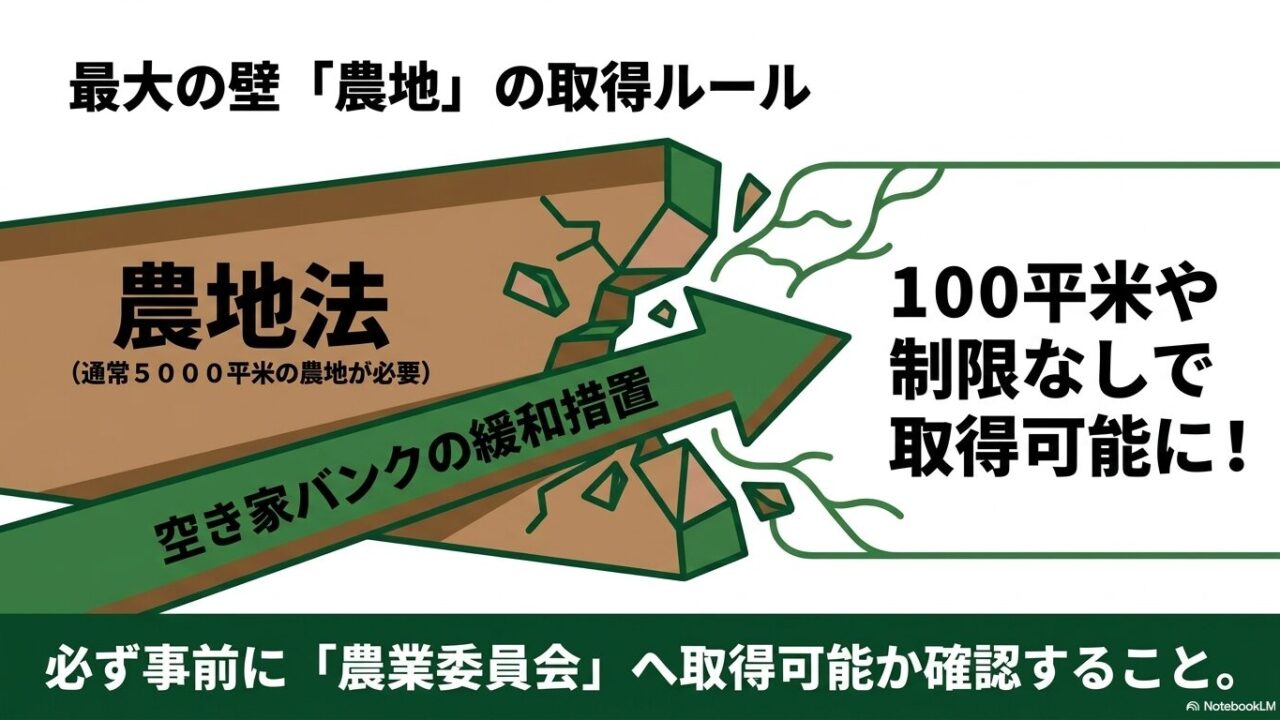 通常5000平米必要な農地取得ルールが、空き家バンク活用で100平米や制限なしに緩和される解説図