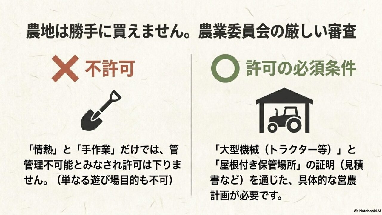 農地取得の許可には、情熱や手作業だけでなく、大型機械のトラクターと屋根付き保管場所の証明など具体的な営農計画が必要であることを示すスライド画像