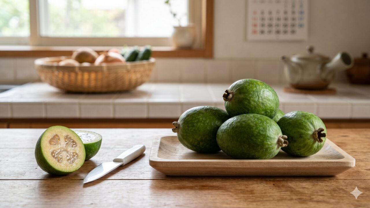 木のお皿の上で追熟され、半分に切って食べ頃を迎えたフェイジョアの果実。
