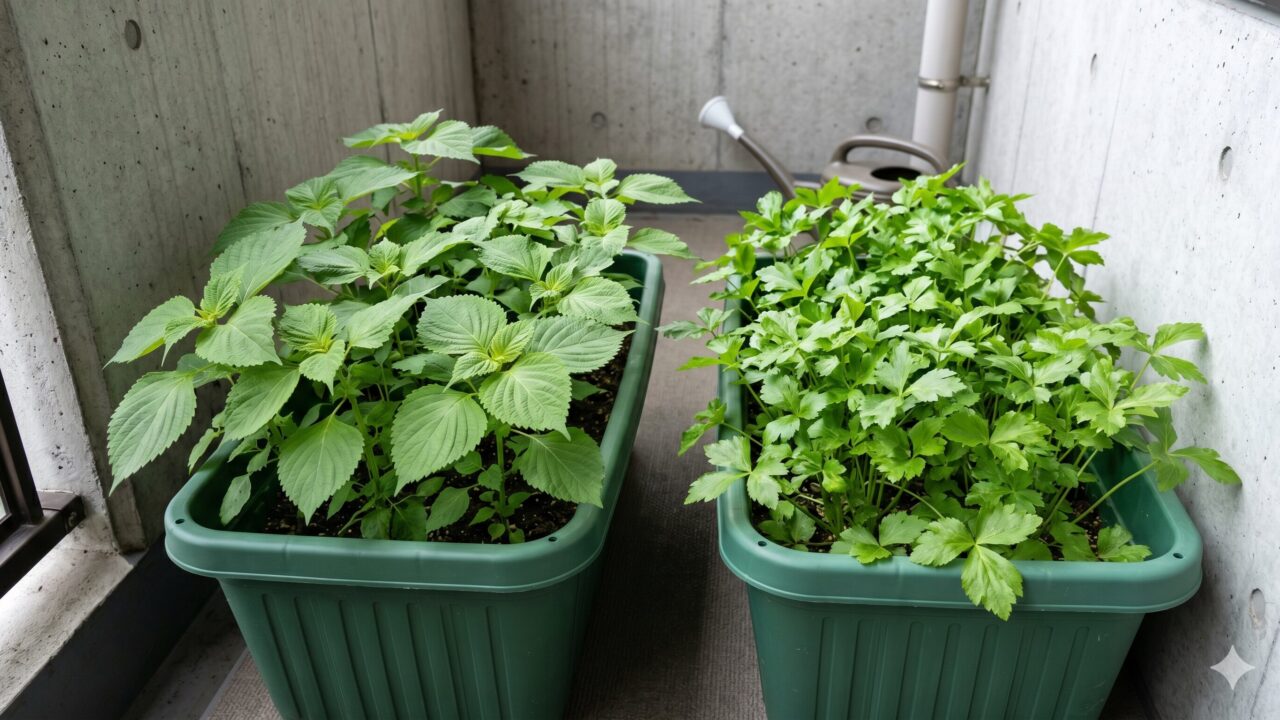 マンションのコンクリート壁に囲まれた、少し薄暗いベランダ。日陰にも関わらず、プランターに植えられたシソ（大葉）とミツバが、青々と元気に育っている。