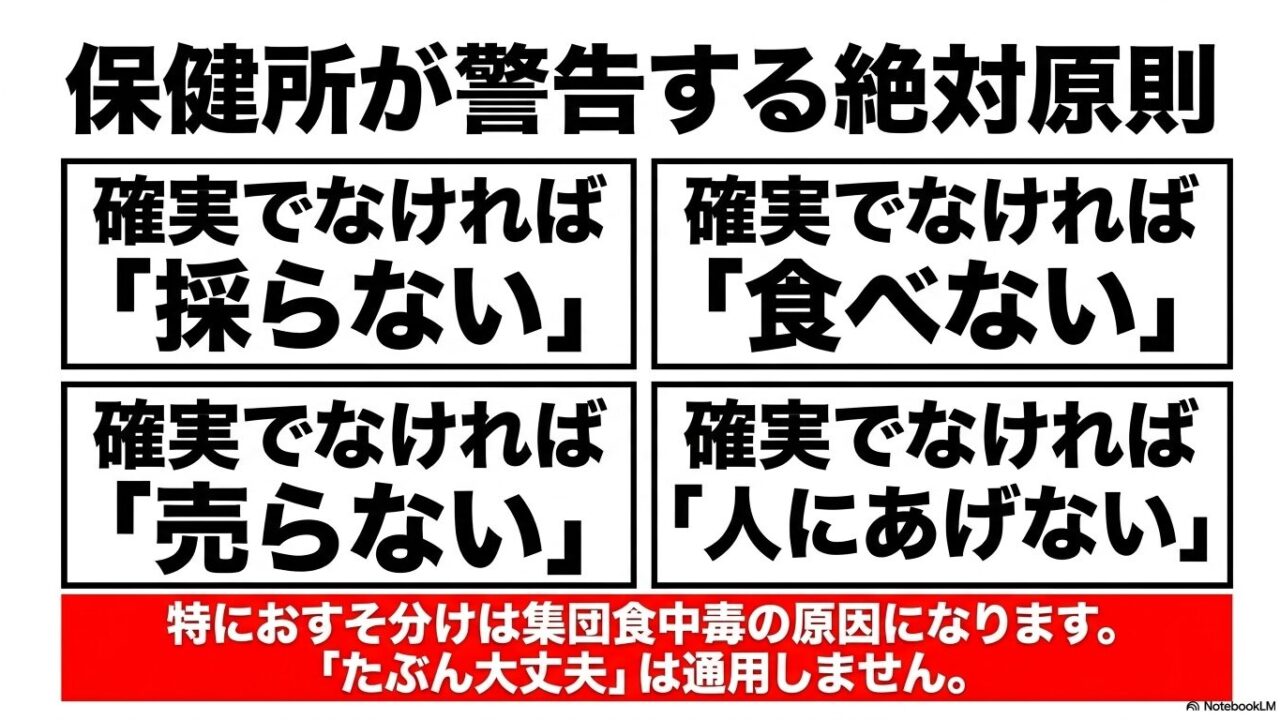 「理想の綺麗さ」と「現実の安全性」を天秤にかけ、毒草を植えない引き算の庭づくりの重要性を説いた図解スライド。
