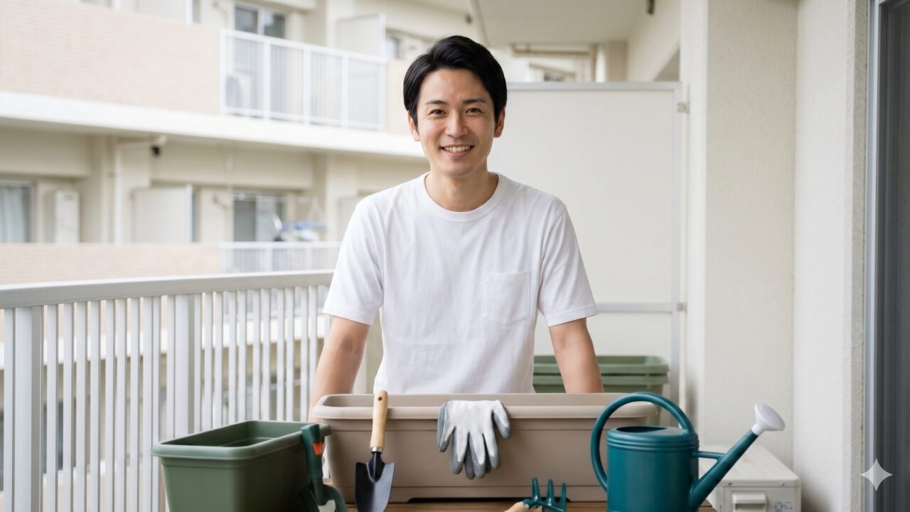 清潔感のあるベランダで、日本人の造園士をイメージした男性が、スコップ、ジョウロ、手袋などの新しい園芸道具を前に、これから野菜づくりを始めるためのプランターを眺めている様子。