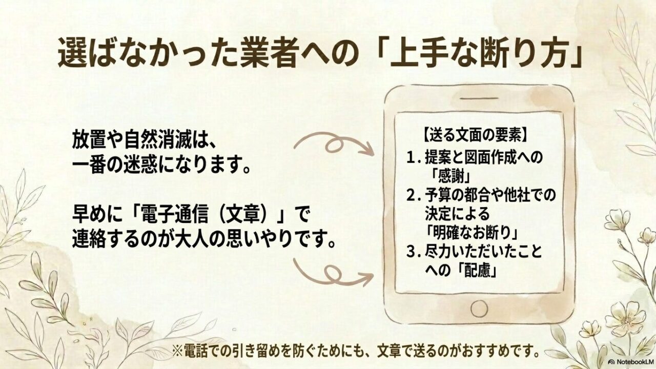 感謝、明確なお断り、配慮の要素を取り入れた、選ばなかった業者への上手な断り方を解説するスライド