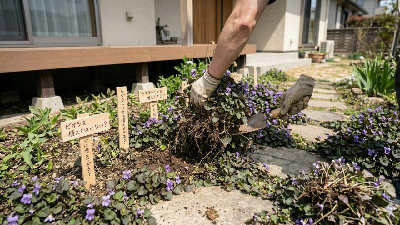 地植えで広がりすぎてしまった植物を、住宅の裏庭で一生懸命に間引いている様子。
