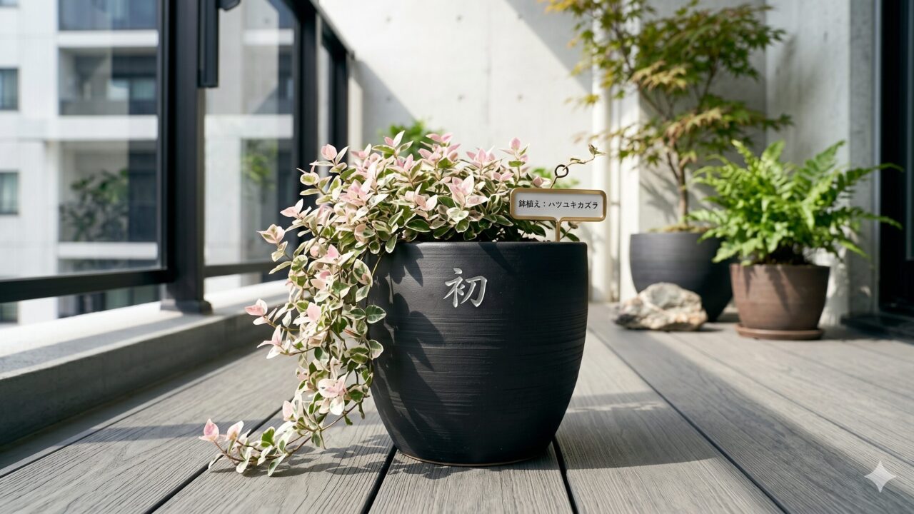 マンションの明るいベランダで、おしゃれな陶器の鉢に植えられ、つるが綺麗に垂れ下がったハツユキカズラ。