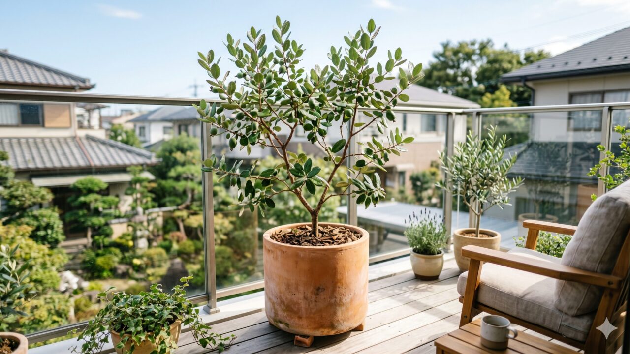日当たりの良いテラスで、おしゃれな大型のテラコッタ鉢に植えられたコンパクトなフェイジョア。