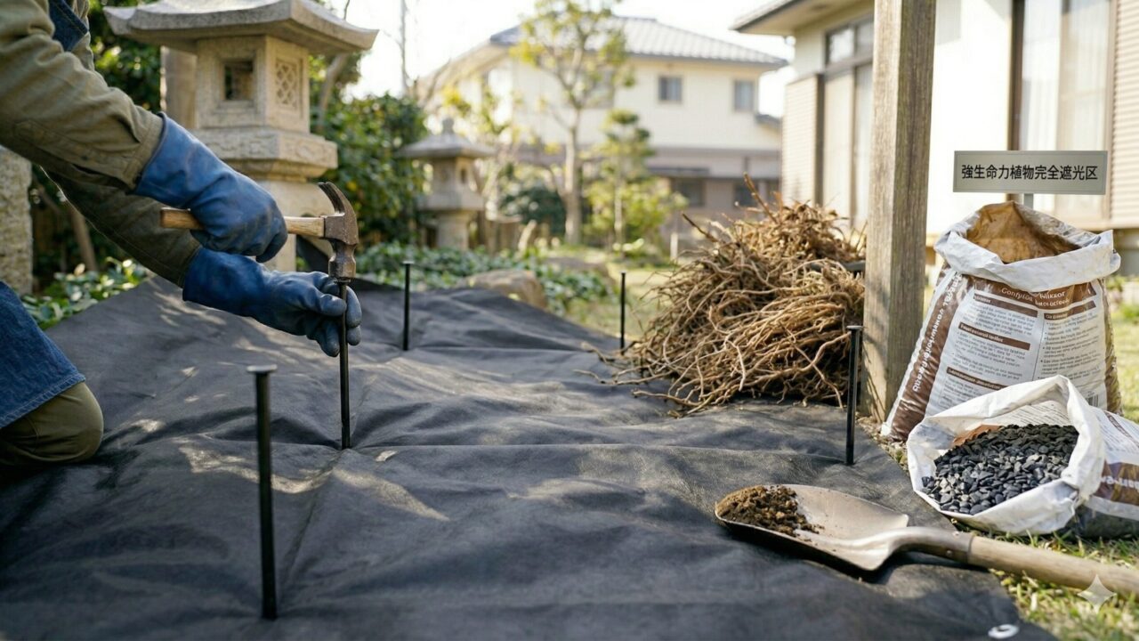 庭の地面に厚手の防草シートを丁寧に敷き詰め、ピンで固定する作業風景。
