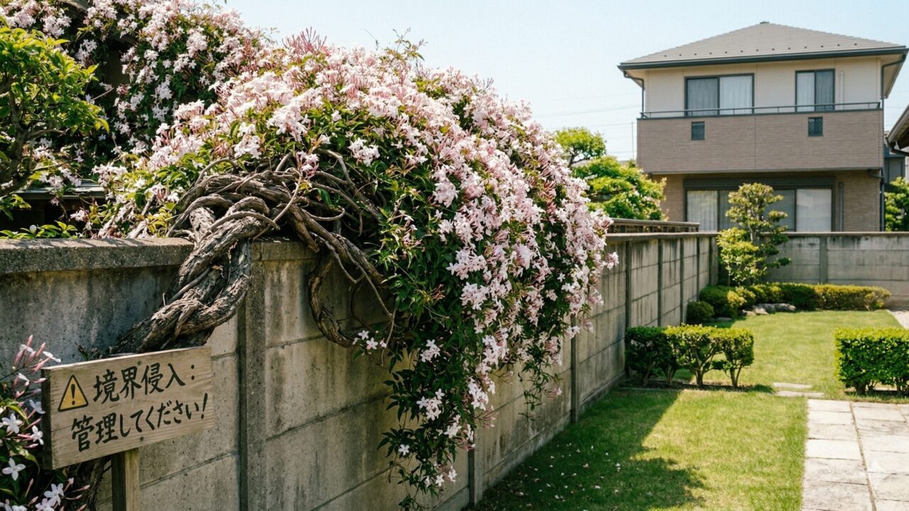 境界の壁を乗り越えて、隣の家の敷地まで伸びてしまったハゴロモジャスミンのつる。 