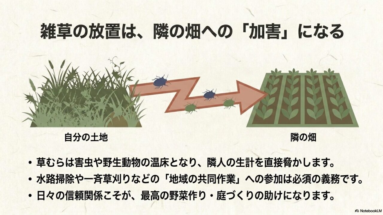 自分の土地の雑草放置が隣の畑への加害になることや、地域の共同作業への参加が必須であり、日々の信頼関係が大切であることを図解したスライド画像