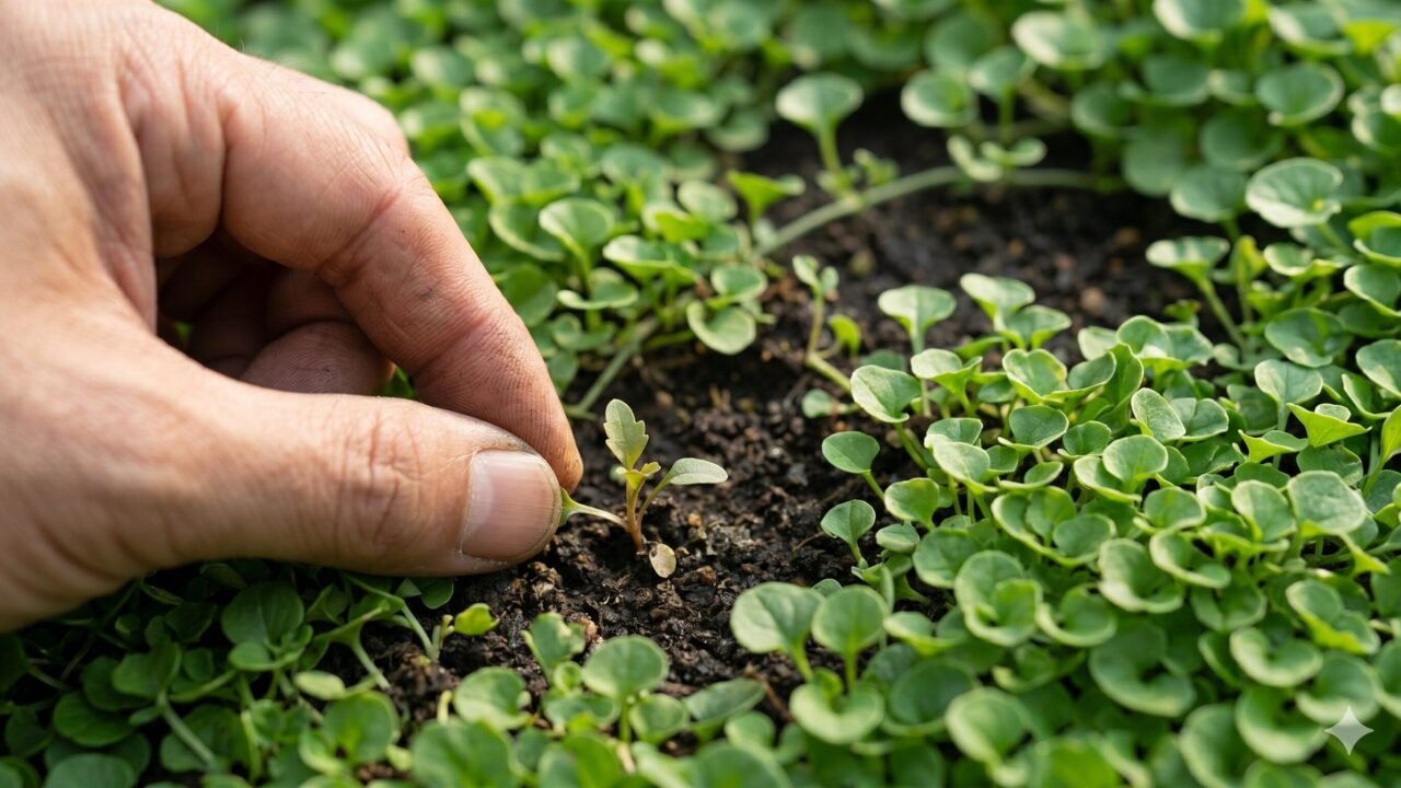 ディコンドラの隙間から生えてきた小さな雑草を、手作業で早めに抜き取る様子。