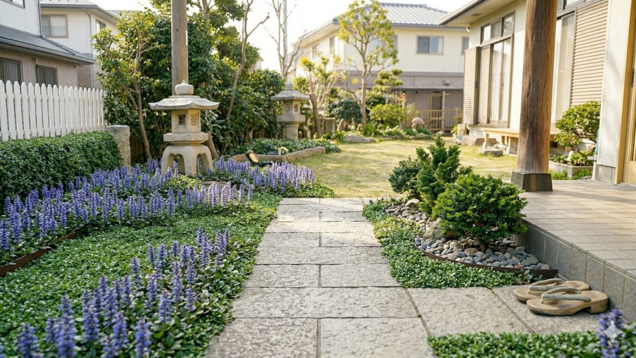 風水のバランスを考え、すっきりと手入れされた明るい日本の住宅の玄関先。