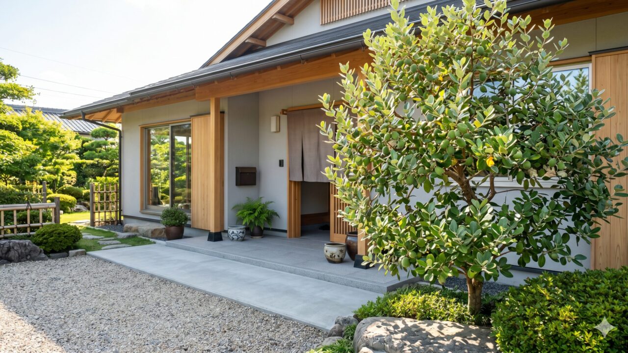 手入れされたフェイジョアの木のそばで、満足そうにお庭でくつろぐ日本人の夫婦。