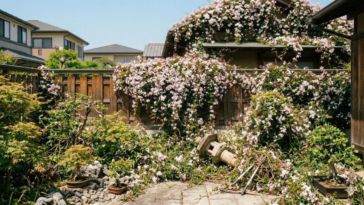 手入れが追いつかず、周囲の植物に絡みついて庭全体を占領してしまったハゴロモジャスミンの様子。