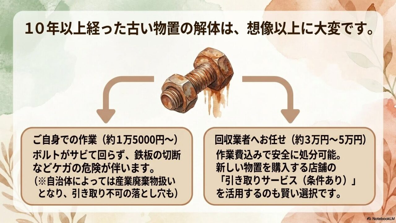 ボルトのサビによるケガの危険が伴う自力での解体作業と、安全に処分可能な回収業者にお任せする場合の費用の比較