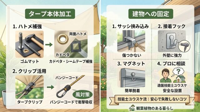 タープリング後付けの安全ガイド。ハトメ補強、クリップ活用、建物への様々な固定器具(サッシ挟み込み、接着フック、マグネット)の特徴を解説。