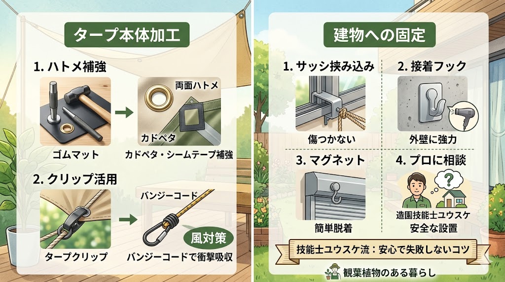 タープリング後付けの安全ガイド。ハトメ補強、クリップ活用、建物への様々な固定器具(サッシ挟み込み、接着フック、マグネット)の特徴を解説。