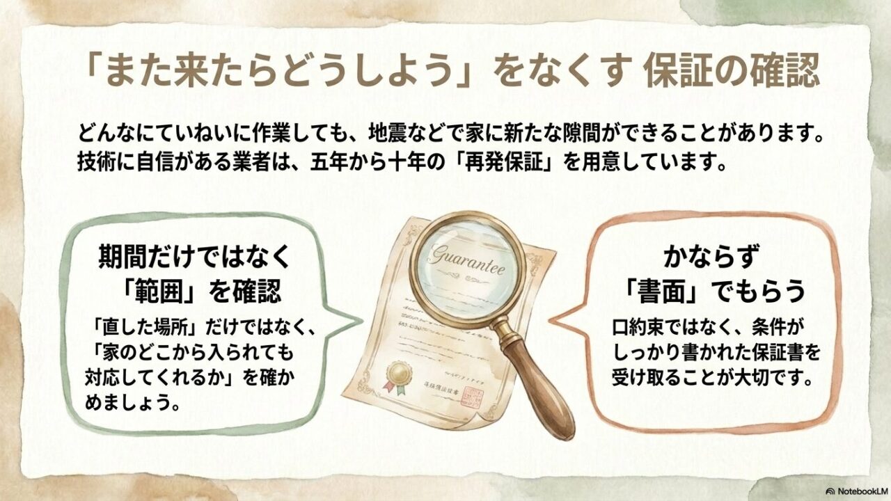 害獣駆除後の再発保証について、期間だけでなく家全体をカバーする「範囲」の確認と、口約束ではない「書面」での受け取りの重要性を解説したスライド