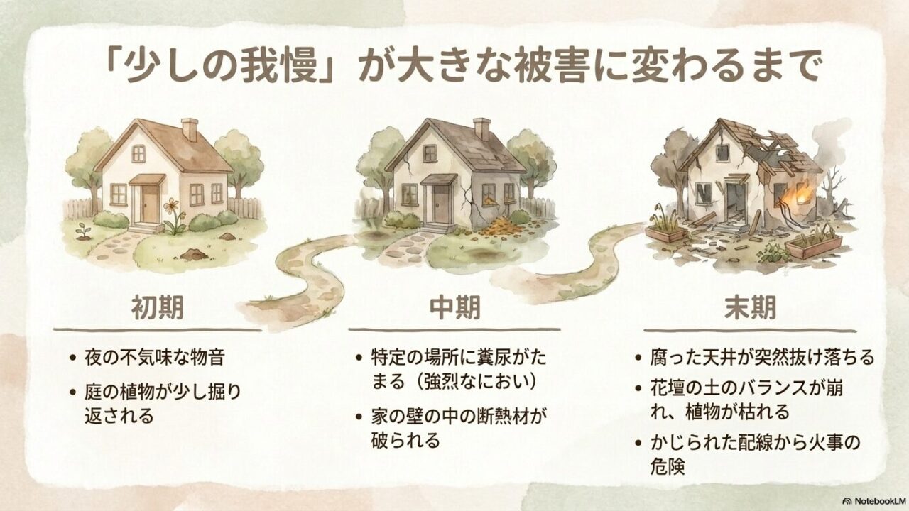 害獣被害を放置することで、初期の物音から末期の家屋崩壊や火災の危険へと被害が拡大していく様子を説明したスライド