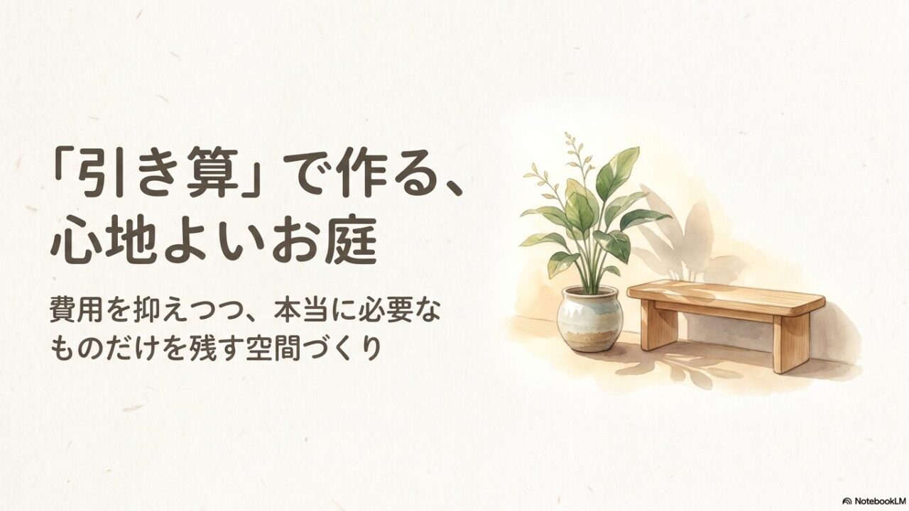 観葉植物とベンチが置かれた、費用を抑えて本当に必要なものだけを残す「引き算のお庭」のイメージイラスト
