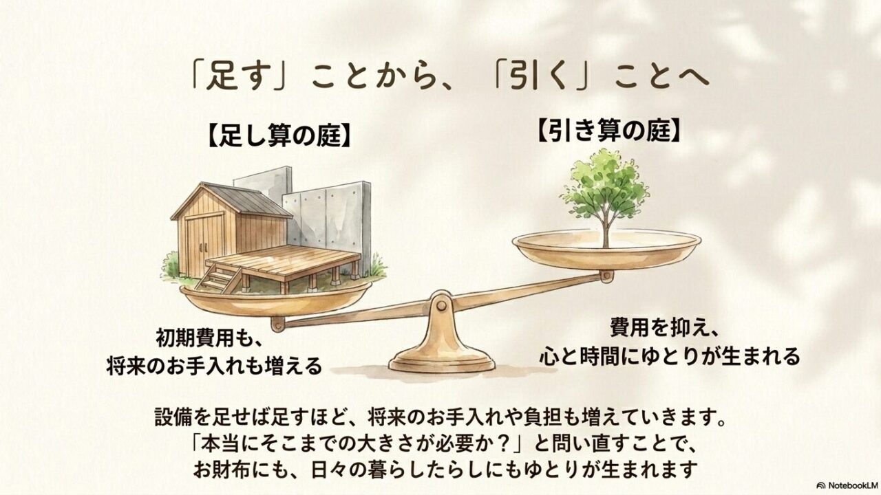 初期費用や手入れが増える「足し算の庭」と、本当に必要な大きさか問い直すことで心と時間にゆとりが生まれる「引き算の庭」の比較