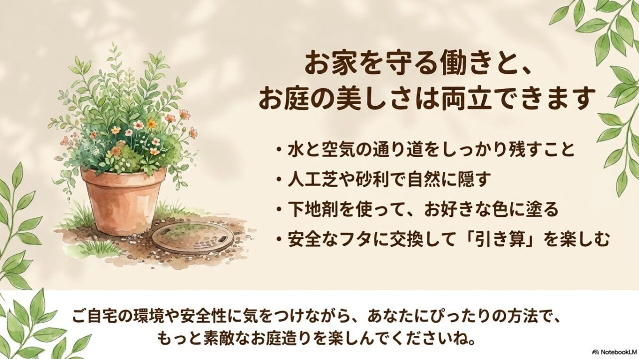 水と空気の通り道の確保、人工芝や砂利での隠し方、下地剤を使った塗装、安全なフタへの交換についてのまとめ。