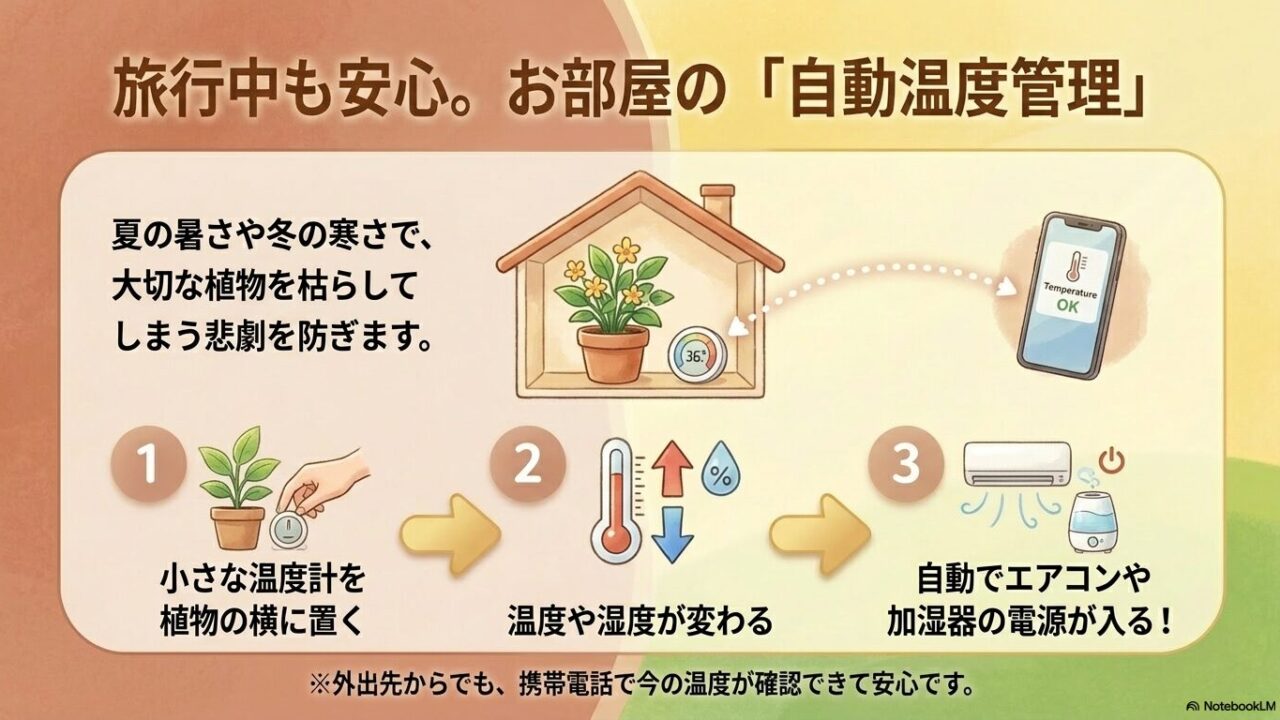 旅行中も安心な、お部屋の自動温度管理。温度計を植物の横に置き、温度や湿度の変化に合わせて自動でエアコンや加湿器の電源が入る仕組みを図解しています