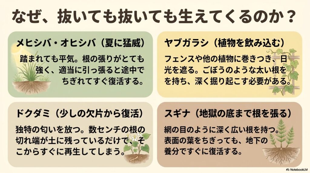 メヒシバ、ドクダミ、ヤブガラシ、スギナなど、抜いても抜いても生えてくるしつこい雑草の生態と特徴