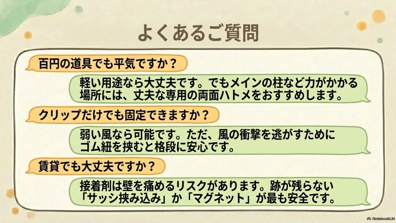 100円の道具の使用、クリップのみの固定、賃貸での取り付けに関するFAQ