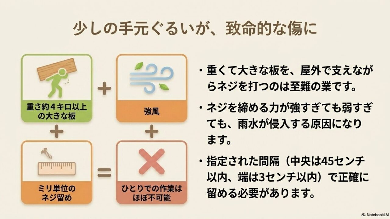 重い板を支えながらのミリ単位のネジ留めなど、一人での作業が困難な理由
