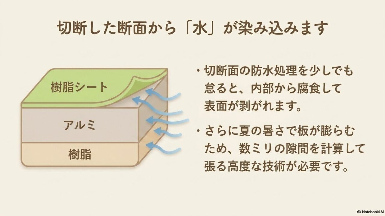 エバーアートボードのアルミ樹脂複合板の構造と切断面から水が染み込むメカニズム