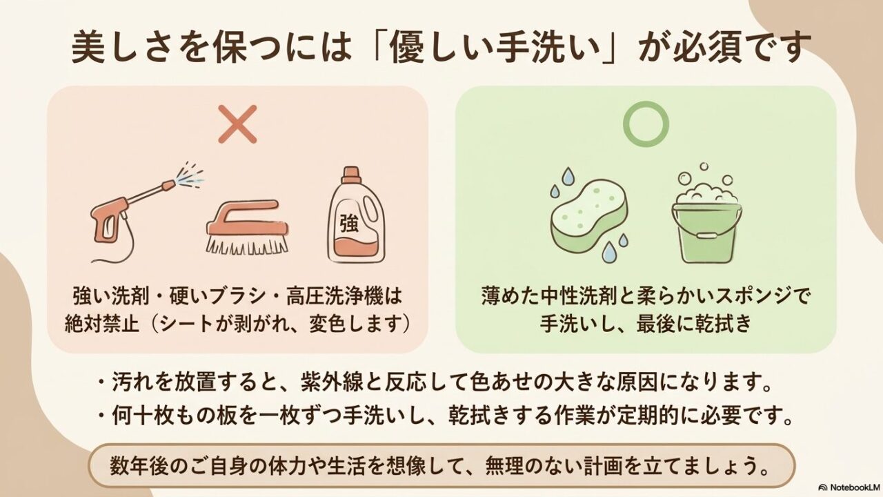薄めた中性洗剤と柔らかいスポンジを使った手洗い清掃のイメージ